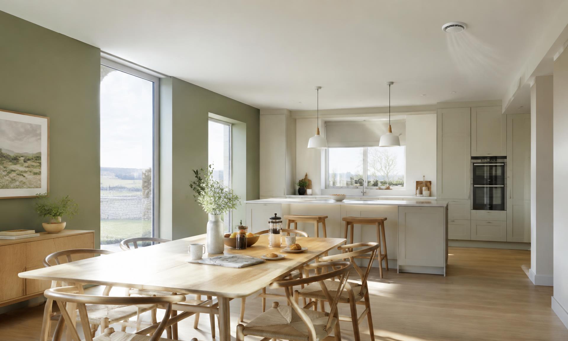 Bright open-plan kitchen and dining space in a modern Irish home with a discreet ceiling ventilation diffuser